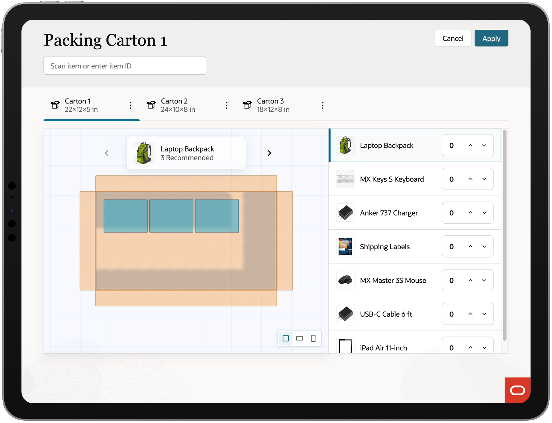Oracle NetSuite packing instructions on a tablet