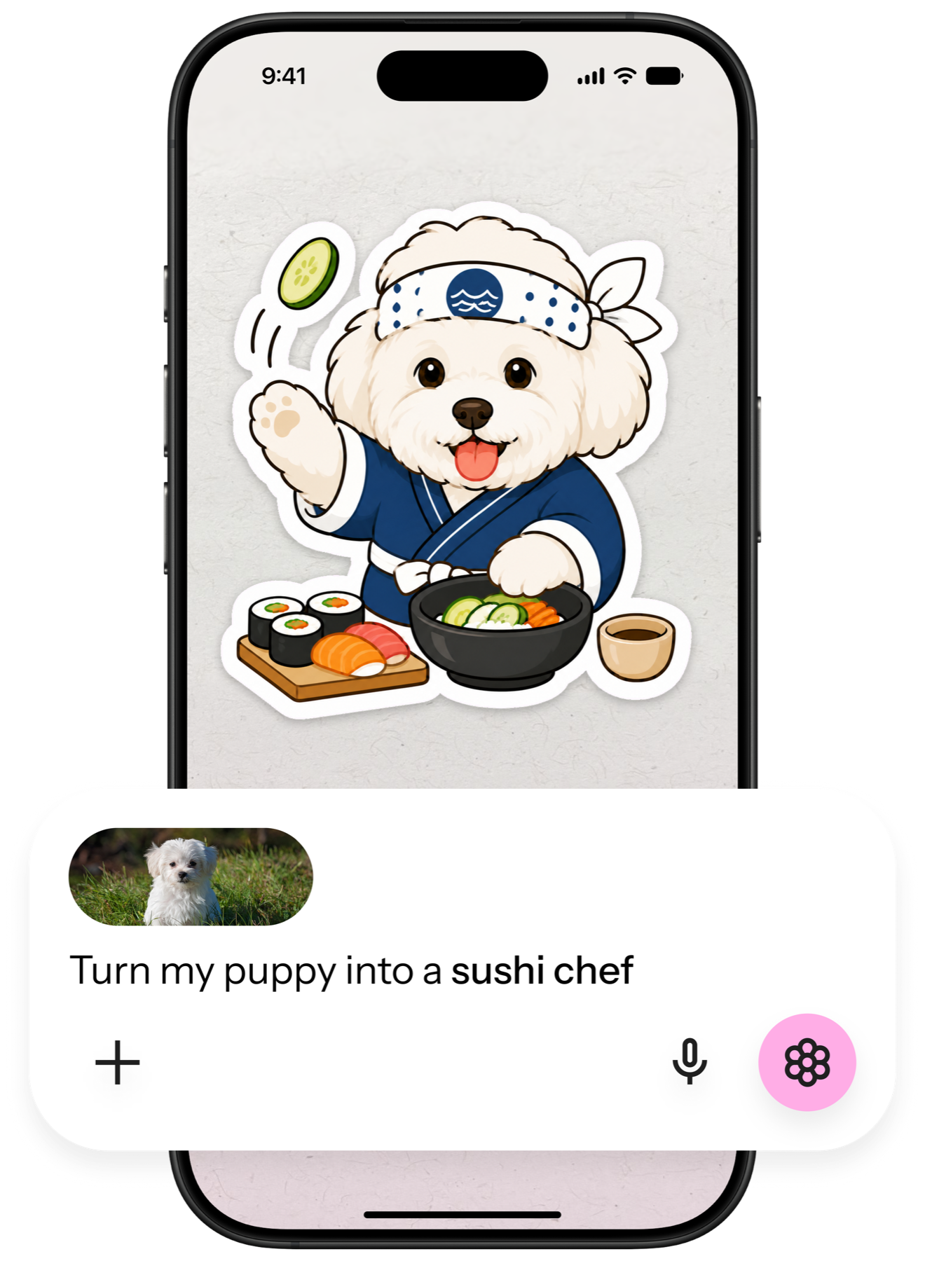 Pixora creating a sushi chef sticker from a puppy photo