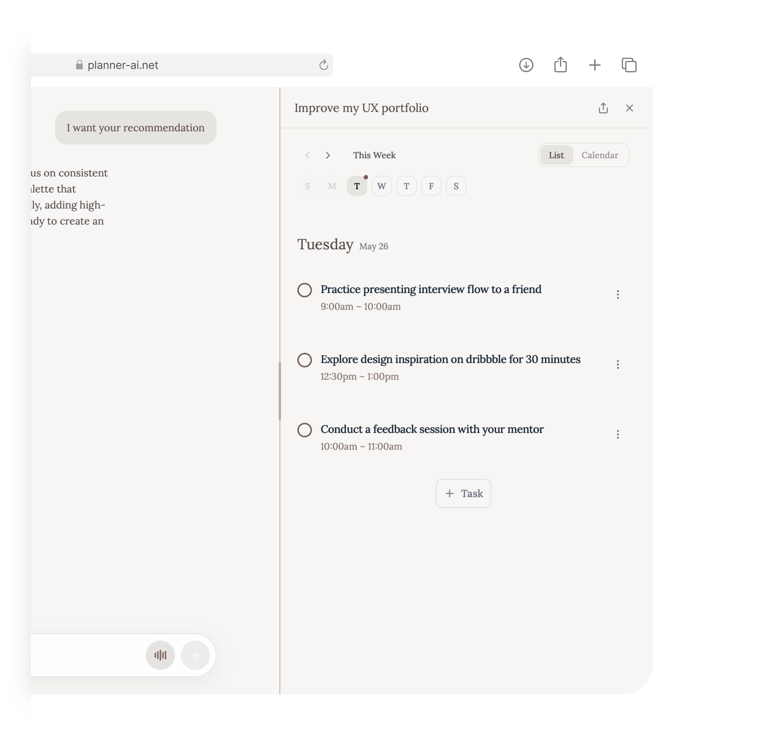 Planner AI interface organizing portfolio improvement tasks